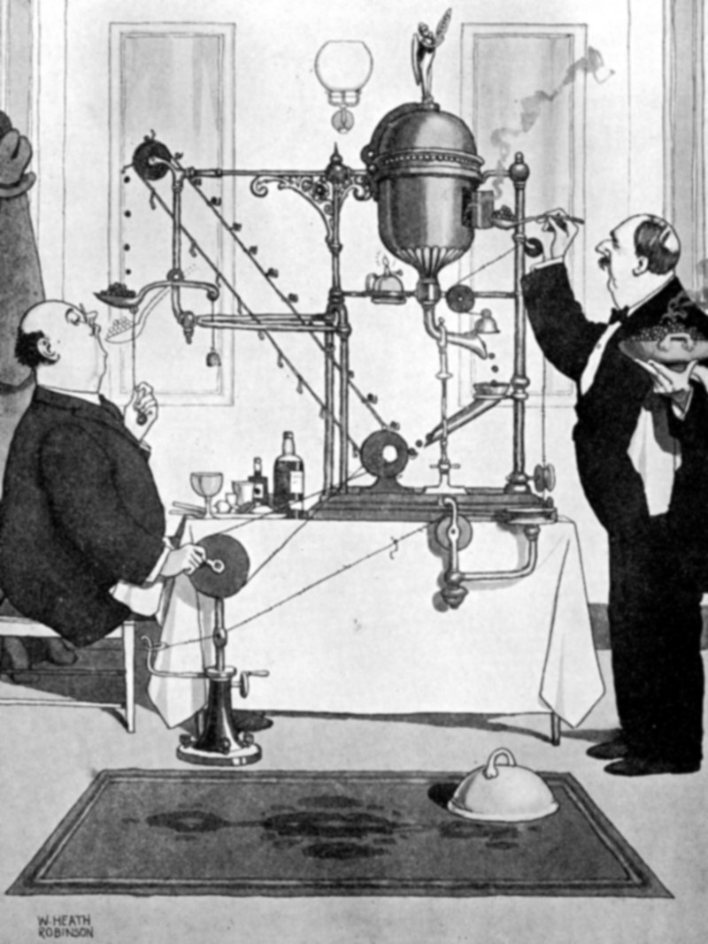 An extremely convoluted machine for sending peas to a person for them to eat