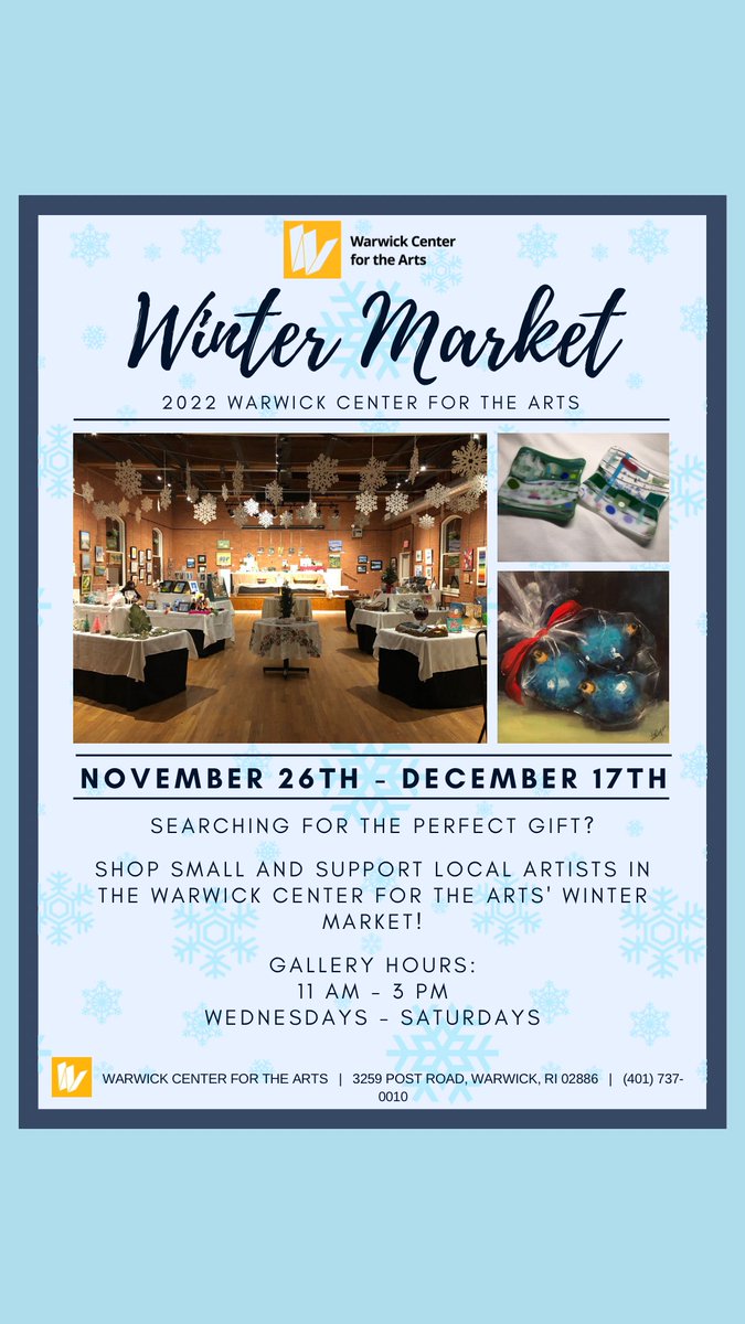 WarwickCFA's tweet photo. WCFA Winter Market will be a festive and unique way to shop #SmallBusinessSaturday and #supportlocalartists #riartists #artsri https://t.co/V4wJFcNufa