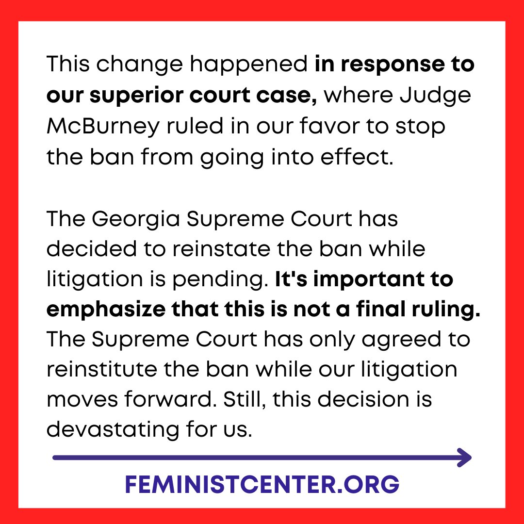 FWHC's tweet image. ❗Georgia's 6 week ban back in effect❗ The state Supreme Court of Georgia has reinstituted Georgia's 6-week abortion ban, pending our litigation. But we are still fighting the 6 arewee bon an providing care up to the legal limit. #BeyondRoe #AbortionIsEssential #KeepOurClinics