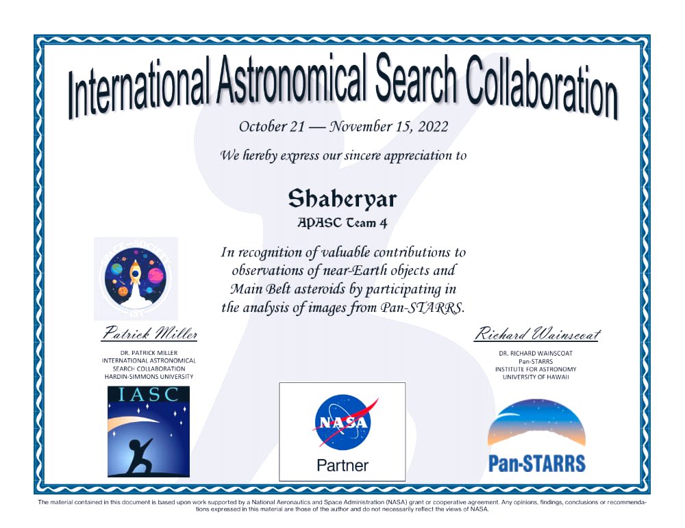 Shaheryarians's tweet photo. Alhamdulillah Received Certificate ✨🏆
From #NASA #IASC https://t.co/5cs5vzBVlg