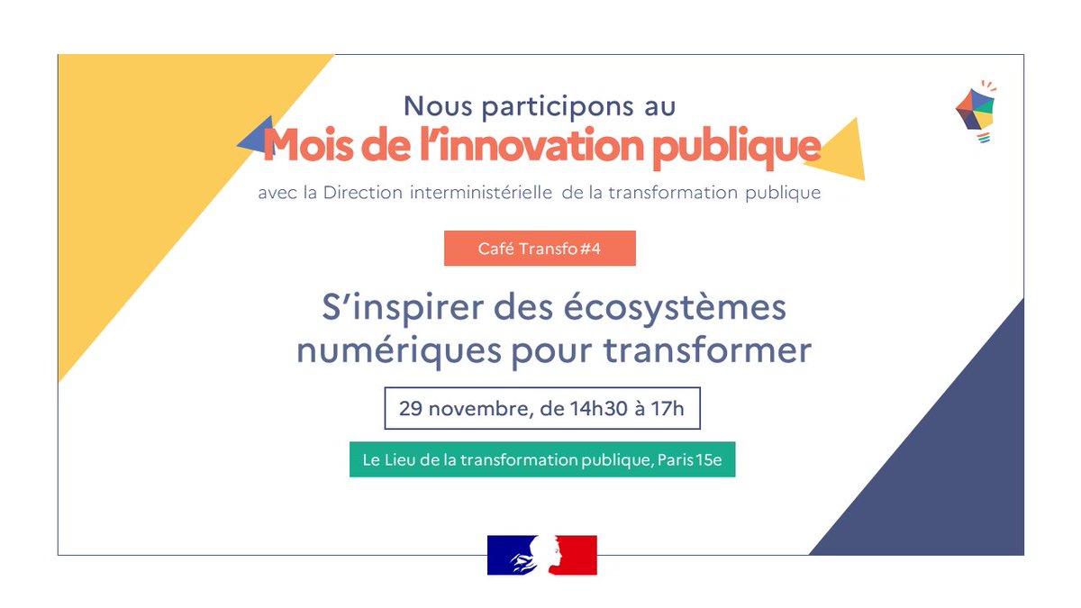 #MoisInnovationPublique Vous souhaitez en apprendre + sur la façon dont les administrations exploitent leurs écosystèmes #numériques pour innover ?

🗣️Rdv à notre 4e Café Transfo pour un débat riche en échanges !

📍Paris 15e
🗓Mardi 29 nov 14h30 - 17h
➡️eventbrite.fr/e/billets-cafe…