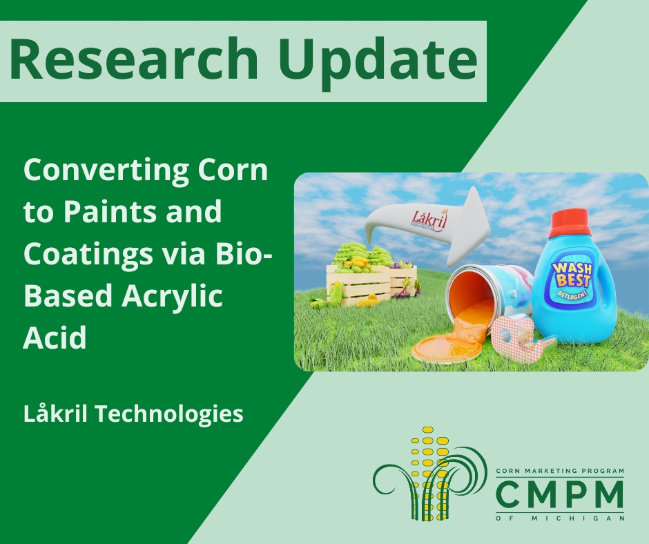 Michigan Corn (@mi_corn) on Twitter photo Research Update: This week, <a href="/LakrilTech/">Låkril Technologies</a> talks about converting corn to paints and coatings via bio-based acrylic acid. Read the full blog post here: bit.ly/3EV7ZsS
Stay tuned for the CMPM annual research report in early 2023. Research Update: This week, <a href="/LakrilTech/">Låkril Technologies</a> talks about converting corn to paints and coatings via bio-based acrylic acid. Read the full blog post here: bit.ly/3EV7ZsS
Stay tuned for the CMPM annual research report in early 2023.