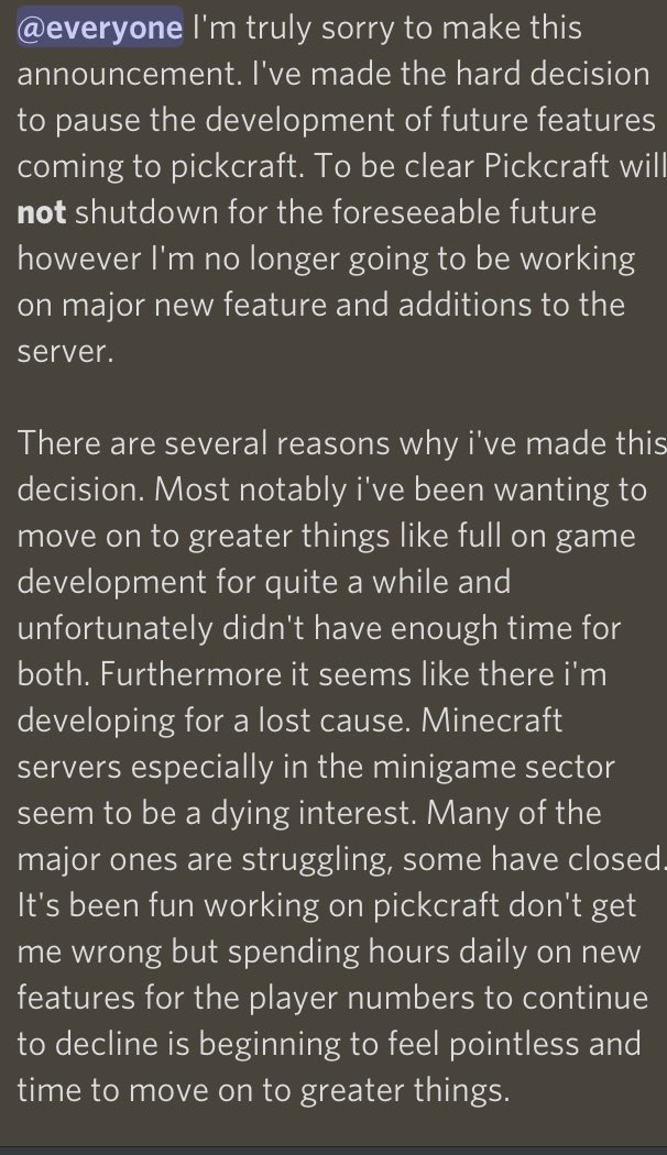 Pickcraftreal's tweet photo. Pickcraft will no longer get new features and updates for the foreseeable future as I move on the bigger things. Super sorry everyone. Thank you for this incredible journey ❤️ ❤️ ❤️ #Minecraft #MinecraftServer #pickcraftmcgg https://t.co/VmHpSqEy7d