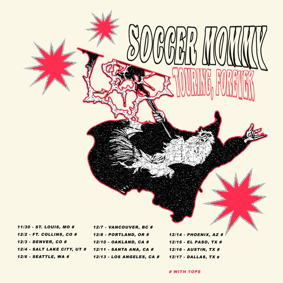 Second leg of my North America tour starts next week. Looking forward to @TTTOPSSS joining us on the road and seeing you all out there. Tickets: soccermommyband.com/#tour