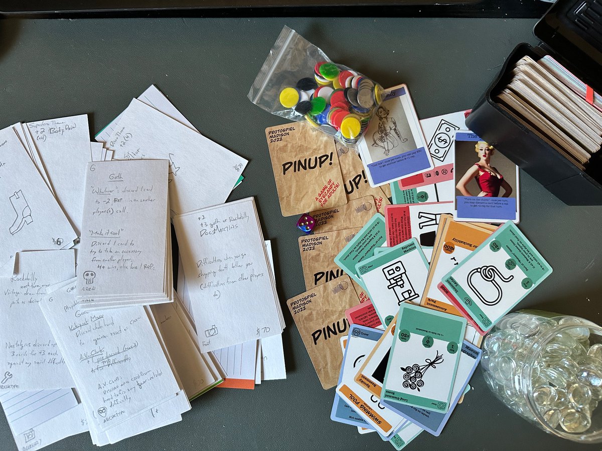How it started, how it’s going…I’ll be playtesting #pinupgame at protospiel Madison next weekend! (Apologies to my friends who will have to deal with “wanna play pinup?” for the foreseeable future)