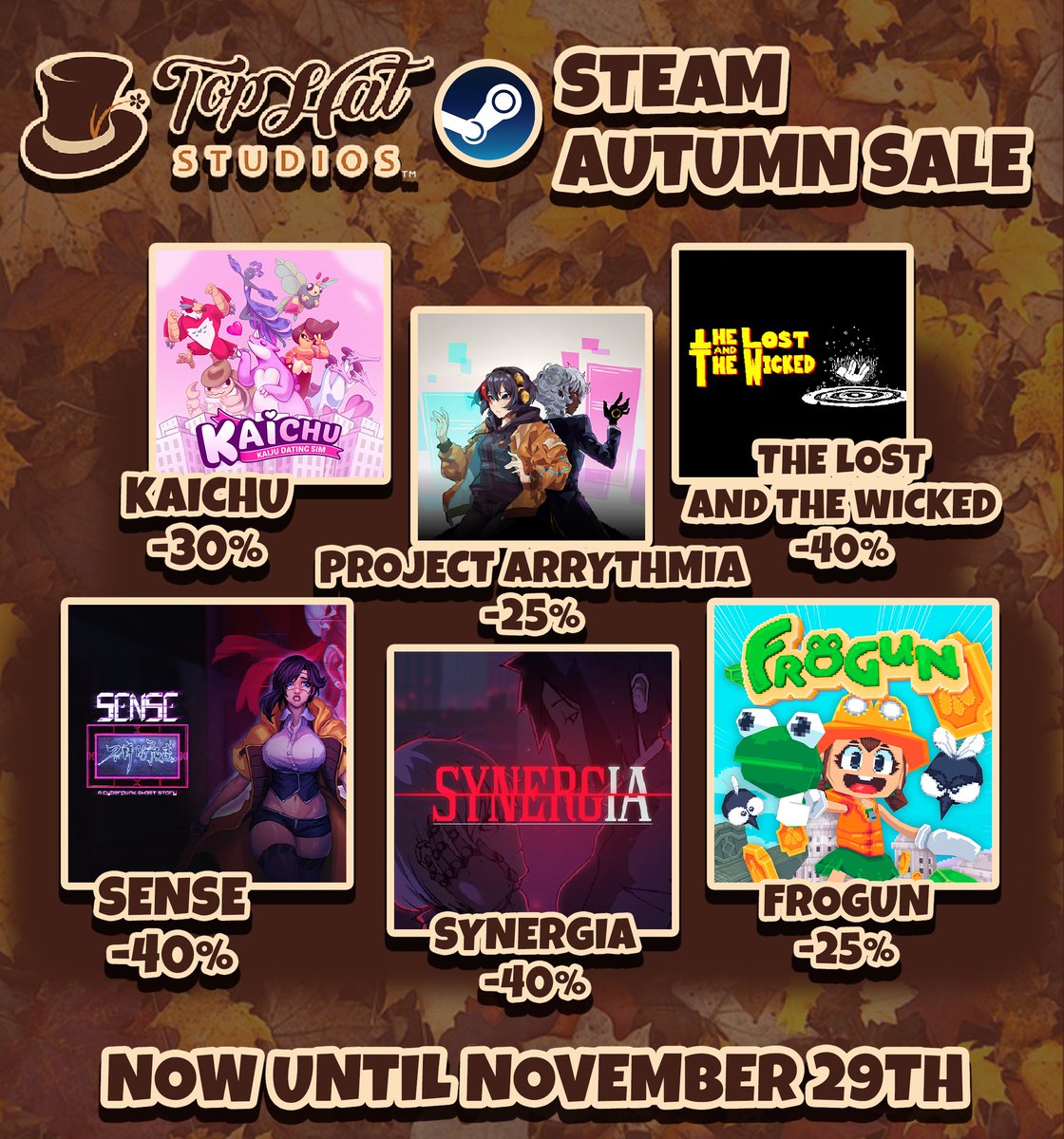 TopHatStudiosEN's tweet photo. Uh oh, sound the alarm! We've got some disgustingly epic deals coming your way for the #steamautumnsale
🍁
Head on over to #Steam and show these games some love, pick up a new story to play over this Winter! https://t.co/Ad8IDSE3M5
