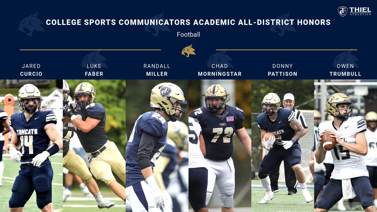 Congratulations to Jared Curcio, Luke Faber, Randall Miller, Chad Morningstar, Donny Pattison, and Owen Trumbull for being named to the College Sports Communicators Academic All-District Team!🏈#TomcatPride