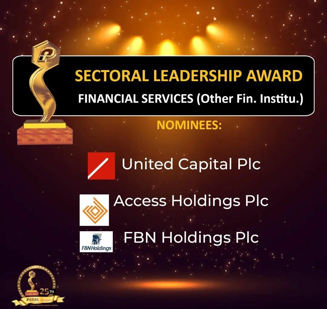 Here are the nominees for the Sectorial Leadership Award.

Financial Services 
Oil and Gas
ICT
Real Estate 

Date: 27th, November,  2022
Time: 3pm
Venue : Eko Hotel and Suites, Victoria Island, Lagos.

#celebratingexcellence 
#pearlawardsat25