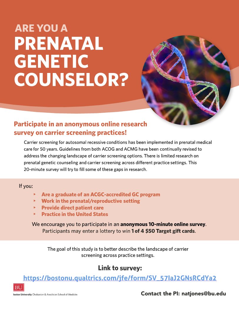 Patient-facing prenatal/reproductive GCs – please consider sharing your experience with carrier screening! We are reviewing experiences across practice settings – it takes 10 minutes and you can enter to win 1 of 4 $50 Target gift cards! #genechat
bostonu.qualtrics.com/jfe/form/SV_57…