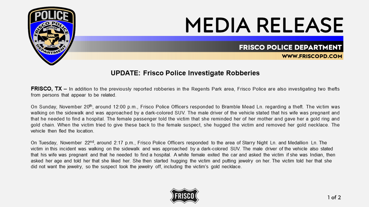 FriscoPD's tweet photo. MEDIA RELEASE - UPDATE: Frisco Police Investigate Robberies
https://t.co/OdcnBZc3wS https://t.co/SO22rznbM9