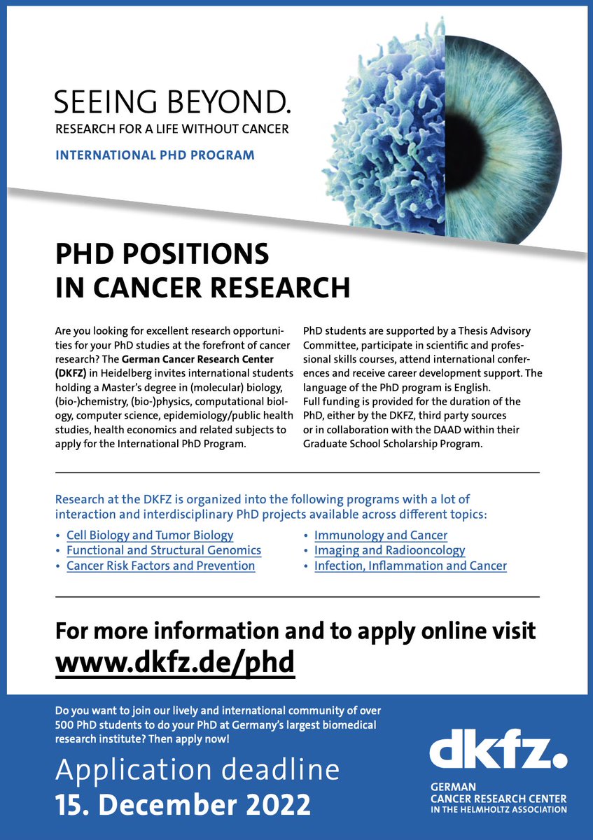 Michael Boutros (@michael_boutros) on Twitter photo Apply now for PhD positions in #cancerresearch. Join an international community of more than 500 graduate students at Germany’s largest biomedical research institute.
Application deadline: Dec 15th 2022
Please RT
<a href="/DKFZ/">DKFZ</a> @Heidelberg #PhD
<a href="/ResearchLifesci/">Health + Life Science Alliance Heidelberg Mannheim</a> <a href="/ResearchGermany/">Research in Germany - Initiative of the BMFTR</a> Apply now for PhD positions in #cancerresearch. Join an international community of more than 500 graduate students at Germany’s largest biomedical research institute.
Application deadline: Dec 15th 2022
Please RT
<a href="/DKFZ/">DKFZ</a> @Heidelberg #PhD
<a href="/ResearchLifesci/">Health + Life Science Alliance Heidelberg Mannheim</a> <a href="/ResearchGermany/">Research in Germany - Initiative of the BMFTR</a>