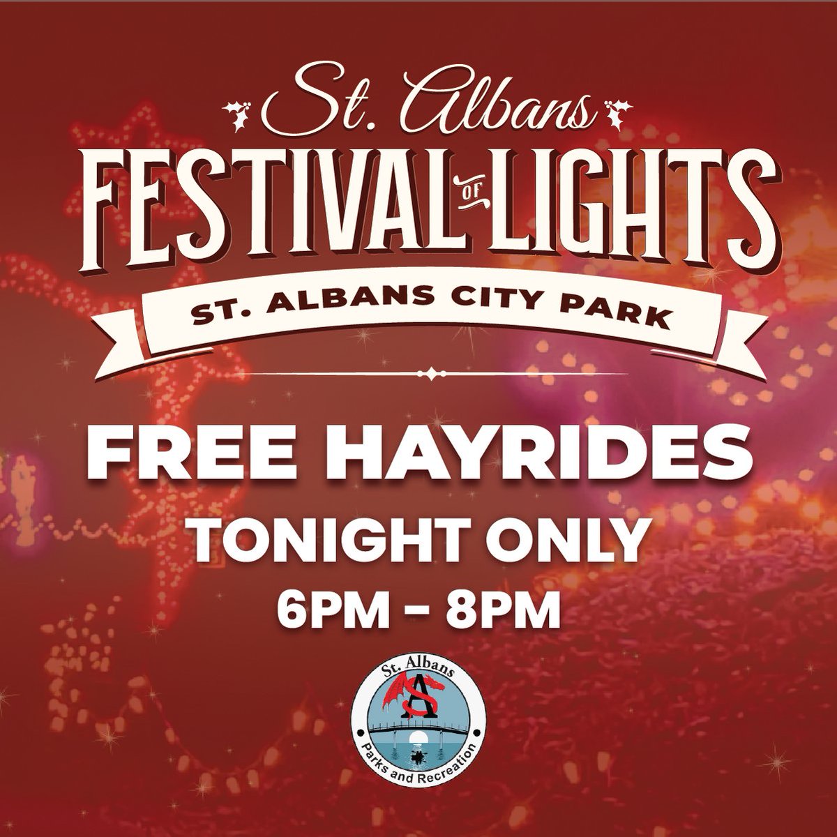 💥☃️TONIGHT ONLY!  6 PM - 8 PM
Free Hayrides at the St. Albans Festival of Lights

👇MORE DETAILS👇
my.mtr.cool/nilkynbqvn

#christmas2022 #christmas2022countdown #stalbanswv #westvirginia #salightsfest #snowlocal #localevents #localnews