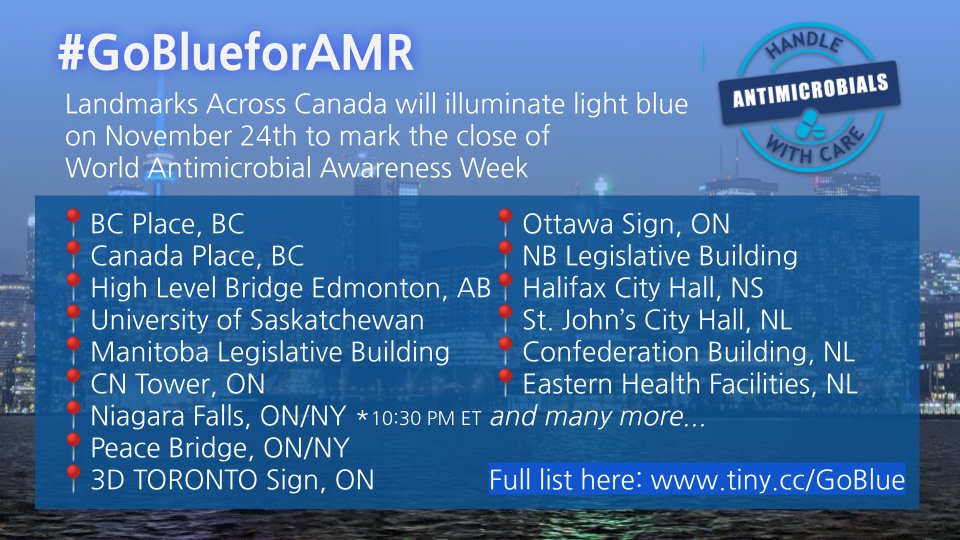 BRxAD's tweet photo. Landmarks Across Canada will illuminate light blue
on November 24th to mark the close of World Antimicrobial Awareness Week.
Find a landmark near you and share on social media!
https://t.co/ltNY2dshsI
#GoBlueforAMR #WAAW2022 https://t.co/1HlaclYwuc