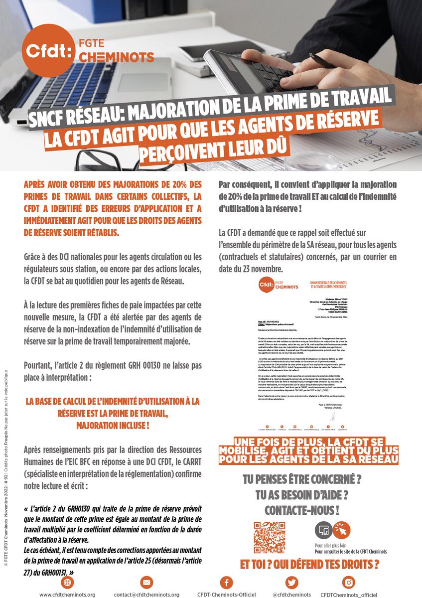 cfdtcheminots's tweet photo. E-TRACT || SNCF Réseau: majoration de la prime de travail. La CFDT agit pour que les agents de réserve perçoivent leur dû.
🔗 https://t.co/DHIxh7bRV8
#prime #réserve #réseau #majoration #effacité #CFDT https://t.co/OObKSHM597