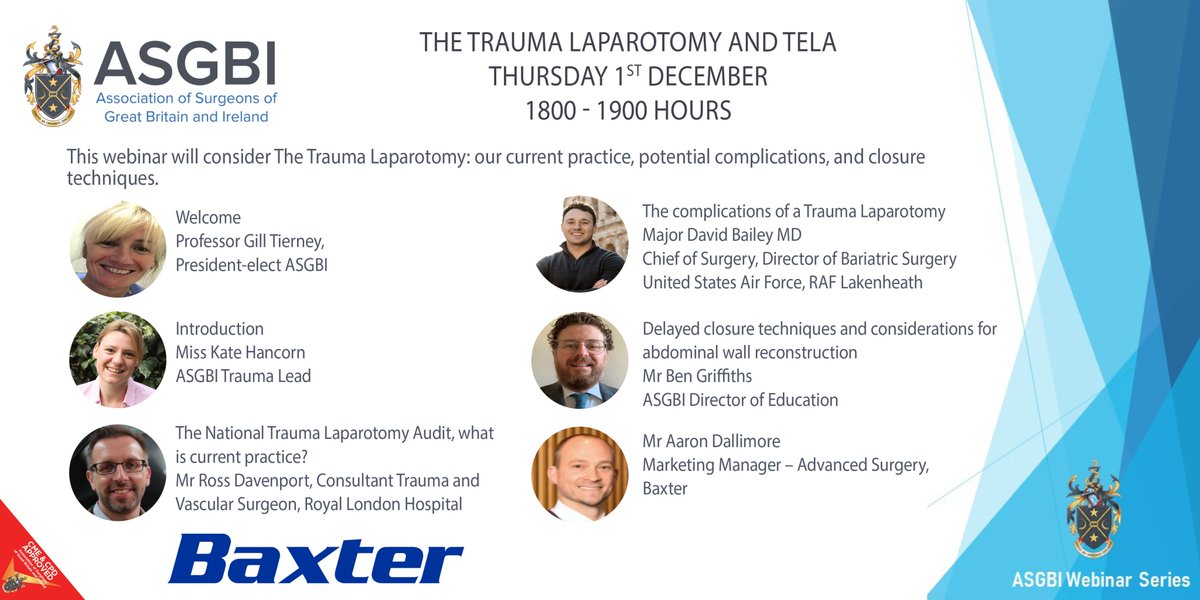asgbi's tweet photo. Our next webinar will focus on the Trauma Laparotomy and TELA.  6pm on Thursday 1st December.  

Looking forward to hearing from @KateHancorn @bengriffiths73 @rossdavenport and Major David Bailey.

https://t.co/yNOHJxmRDL https://t.co/HpoF5sVZcn