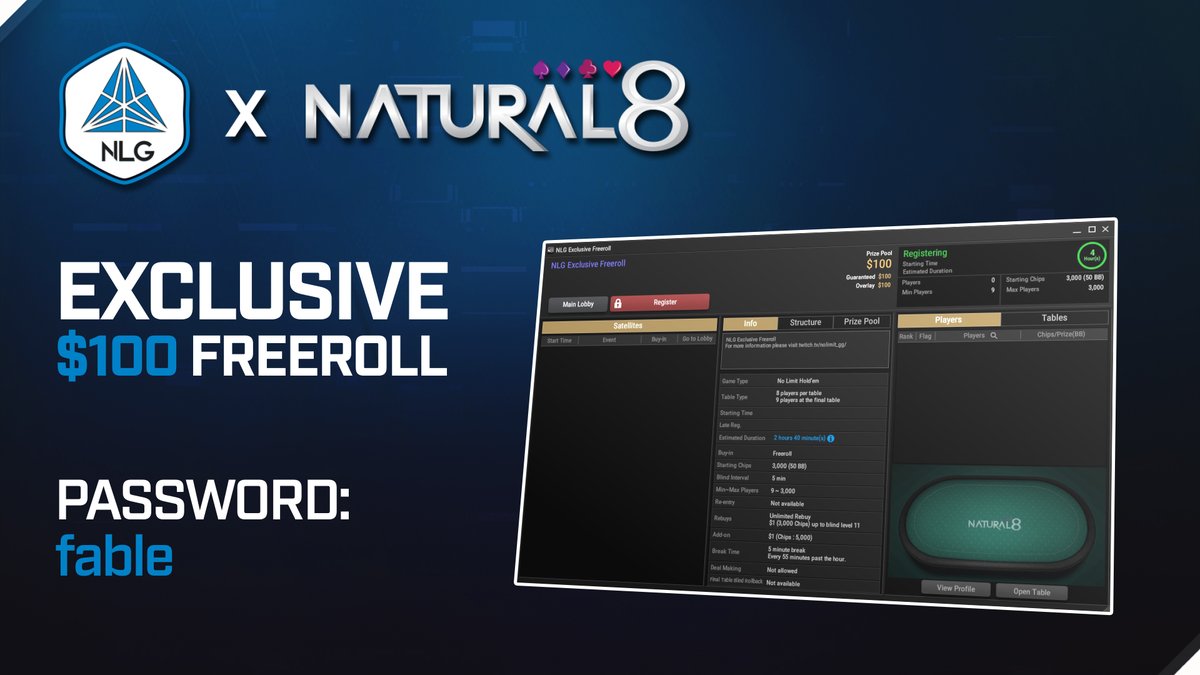 No Limit Gaming (@no_limit_gg) on Twitter photo The password for tonight's edition of the $100 <a href="/natural8/">Natural8 - Best Online Poker and Casino Games</a> freeroll is going to be: fable
Have a fun night of poker and best of luck π
#AllinforNLG The password for tonight's edition of the $100 <a href="/natural8/">Natural8 - Best Online Poker and Casino Games</a> freeroll is going to be: fable
Have a fun night of poker and best of luck π
#AllinforNLG