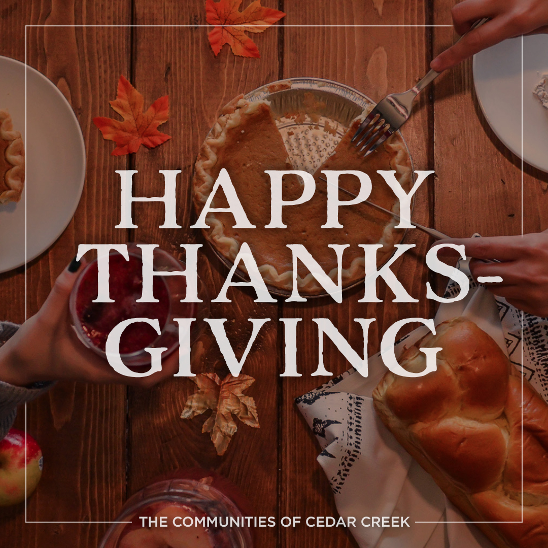 CedarCreekKC's tweet photo. #HappyThanksgiving from The Communities of Cedar Creek! Wishing you all a wonderful holiday full of good fellowship w/ family and friends. And pie. Lots of pie!
FYI – Our Sales Office will be closed Thursday and Friday. #EnjoyTheHoliday
#CedarCreekKC #HistoryQualityCommunity https://t.co/s7SaCQwOXL