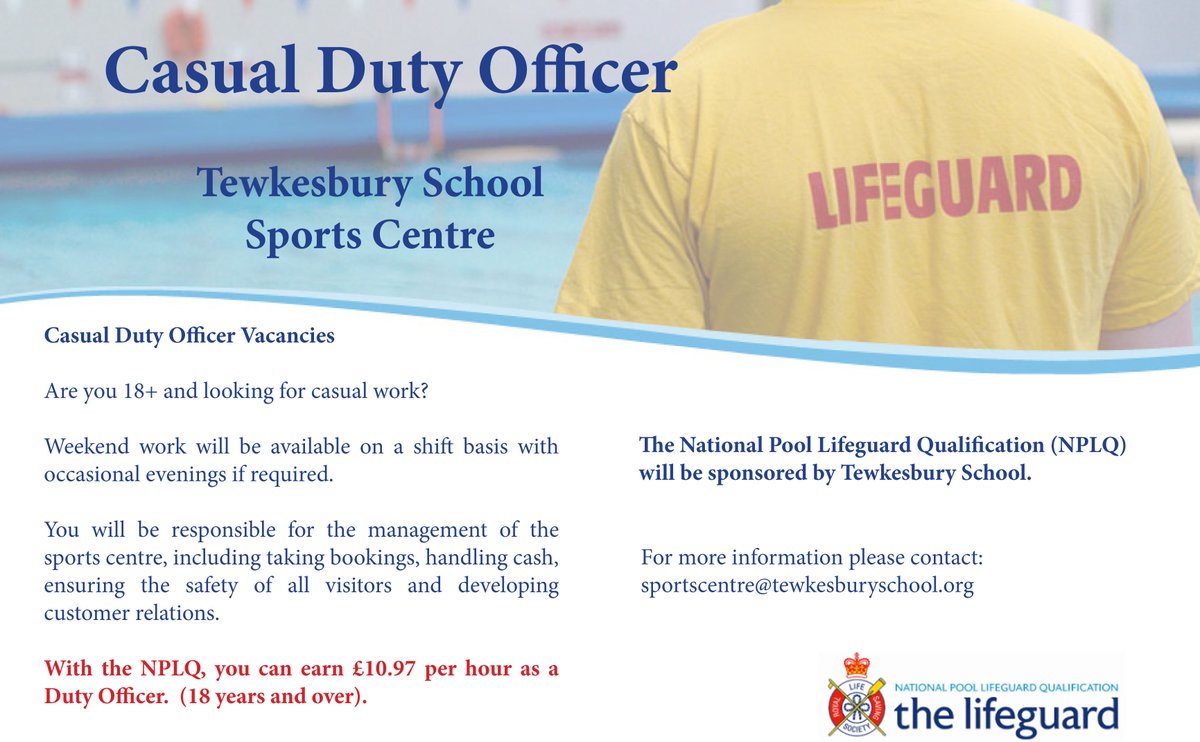 CASUAL DUTY OFFICERS £10.97ph, wkend hours, flexible shifts. Are you 18+ &amp; looking for casual work? Interested in #sport &amp; #leisure? Join our friendly team at Tewkesbury School Sports Centre in a customer service role supporting the management of our busy Centre

#glosjobs