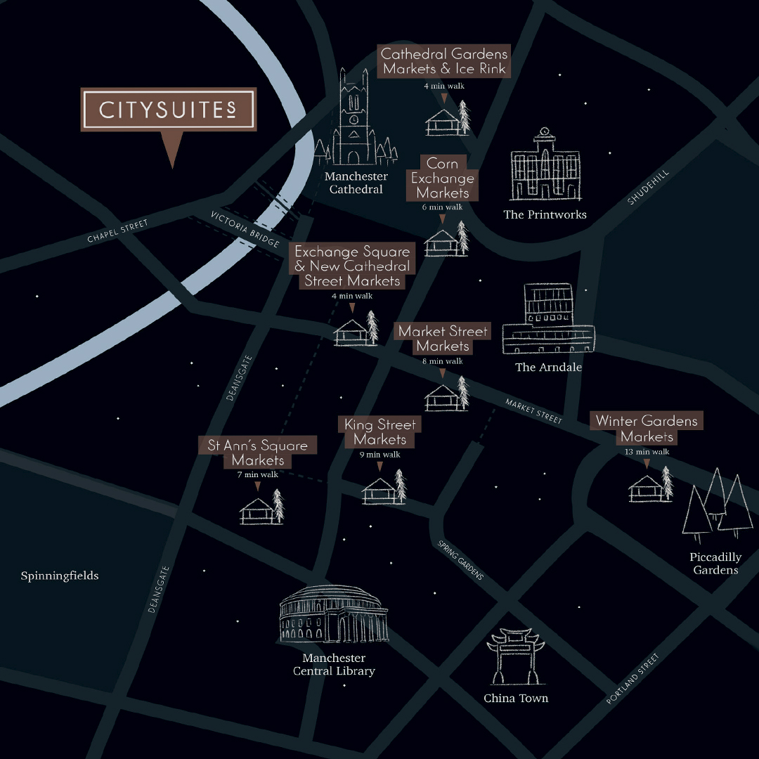 The Manchester Christmas markets are our favourite time of year; luckily, they're right on our doorstep! On arrival, take one of our market maps from our reception team and get exploring straight away🍷✨