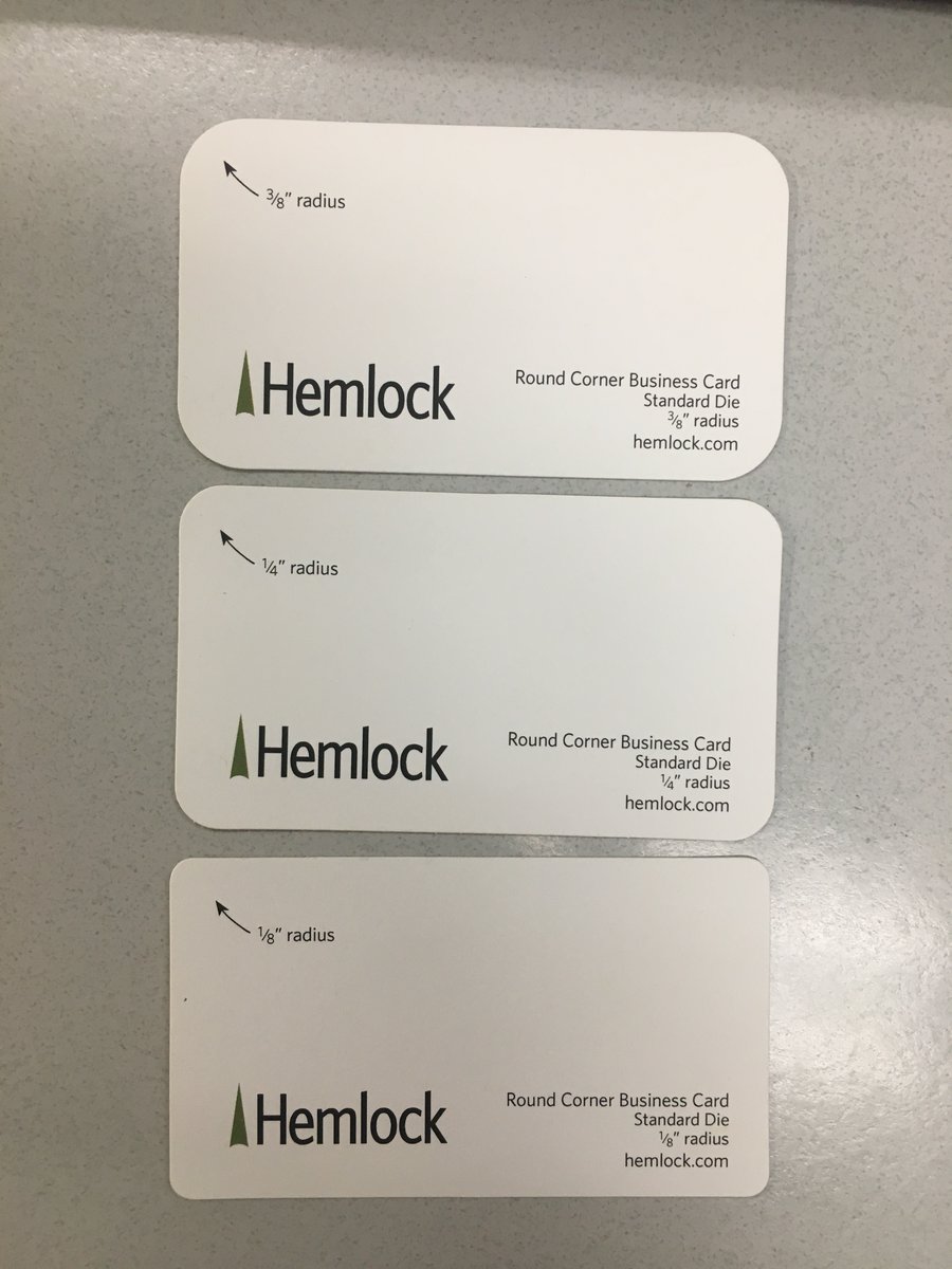 HemlockPrinters's tweet photo. Do your corners match your #creative style? You can choose between 3 different radii (yes, we looked up the plural of radius) for your next business card order.

And if you can't decide, ask us to send you these handy little prototypes to make your decision easier. https://t.co/6mrl6HdOI2