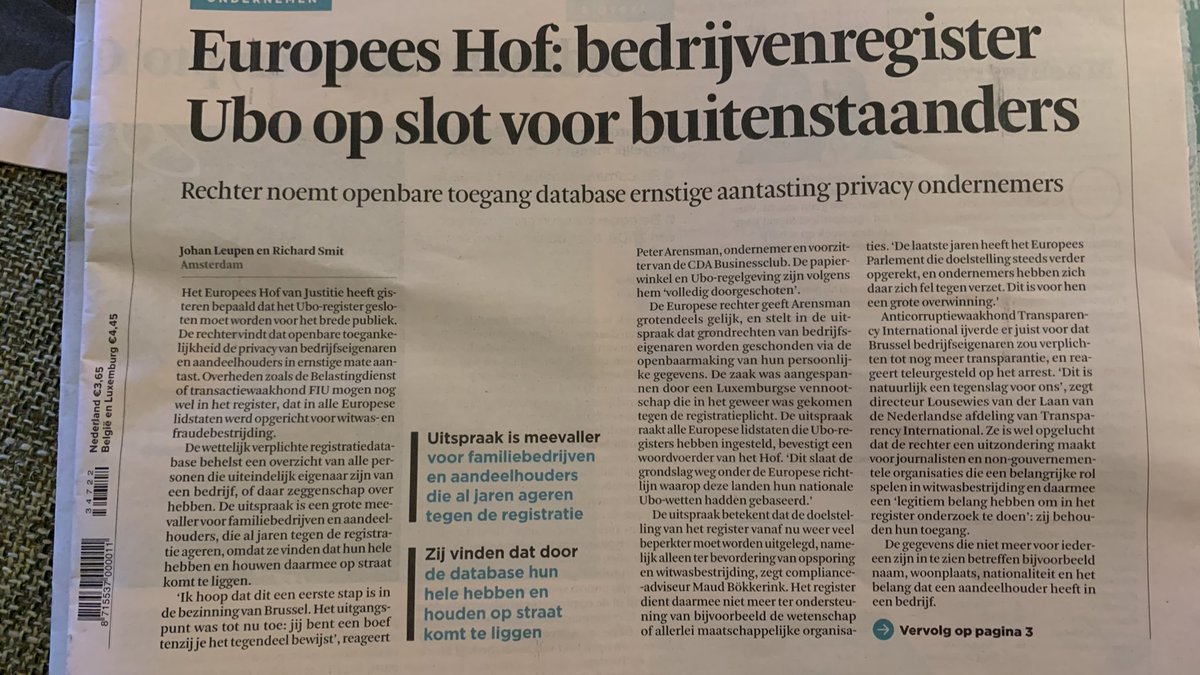 De CDA Business Club met voorzitter Peter Arensman op de voorpagina van het FD.