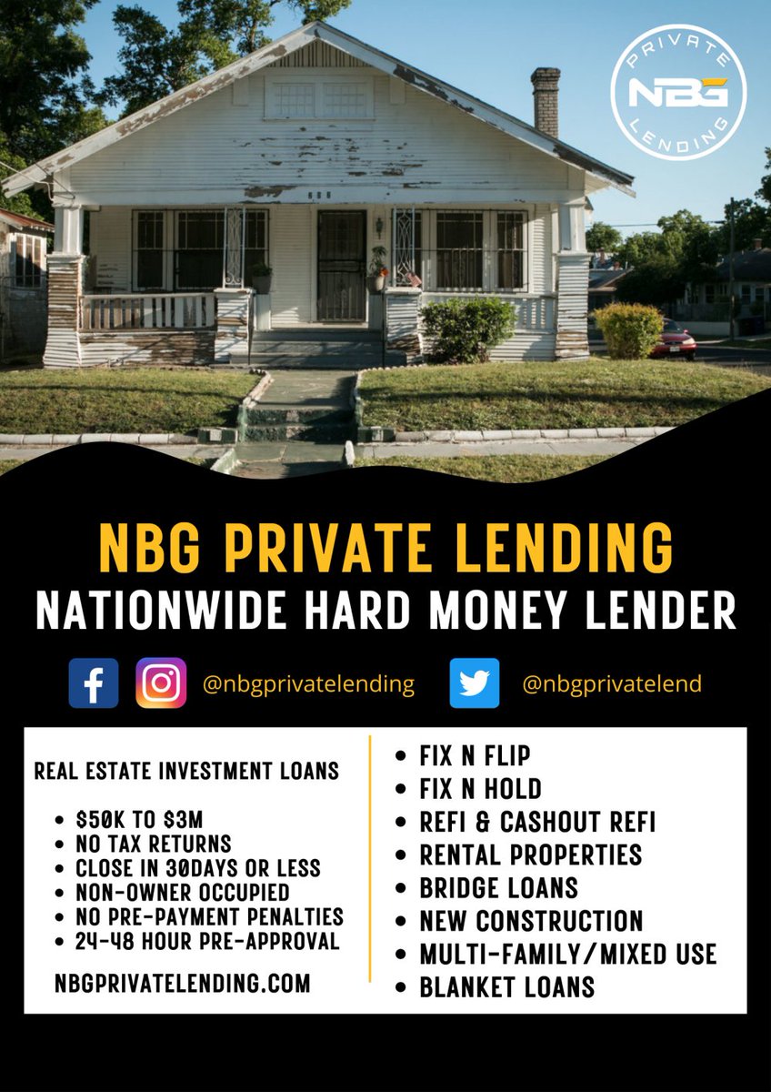 Got Real Estate deals that need funding? 
Apply Today NBGPrivateLending.com

Hard Money Lender✨