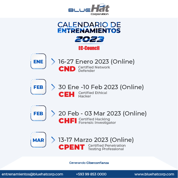 BlueHatCorp's tweet photo. Forma parte del grupo selecto de profesionales certificados y reconocidos a nivel mundial
¡Reserva en tu agenda las próximas fechas de nuestros entrenamientos del 2023!

entrenamientos@bluehatcorp.com https://t.co/L0biQFHq63