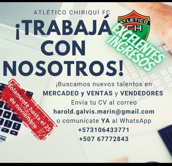 🚨 ATENCIÓN 🚨 

OFERTA LABORAL 
MERCADEO-VENTAS-VENDEDORES
.
.
.
.
.
.
#atleticoeschiriquí #nuevochiriqui