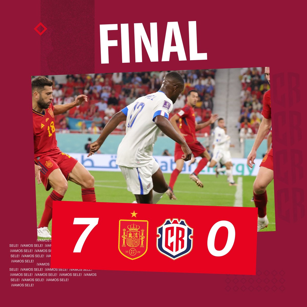 laselecrc_'s tweet photo. Final de partido.

🇪🇸 7-0 🇨🇷

#FCRF #LaSele   #PuraVidaEnQatar22 #Qatar2022  #CRCvsESP https://t.co/BVJJUqpazA