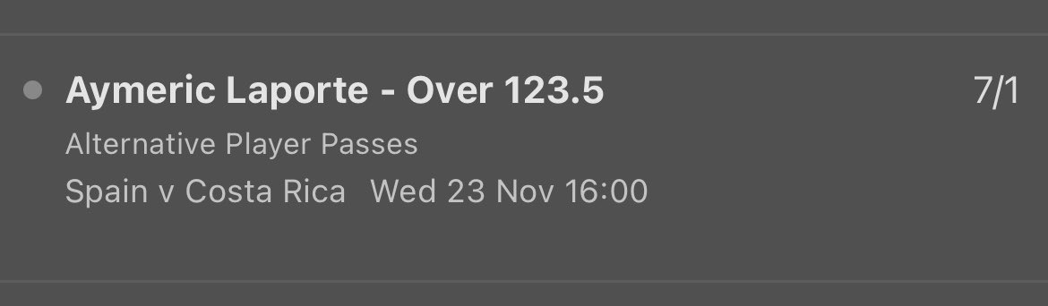 Laporte pass ladder pisses in 

4 bets at 5/6 , 6/4 , 11/4 &amp; finally the 7/1 pictured below! 

Massive day at the  #WorldCup2022