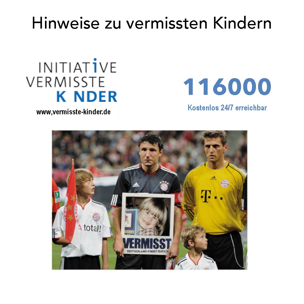 Vermisste Kinder finden.

Wenn sie glauben, ein vermisstes Kind gesehen zu haben oder Hinweise zum Verbleib eines vermissten Kindes geben können, dann erreichen sie uns jederzeit (24/7) über die kostenlose 116000 Hotline.

#vermisst #kinder #hotline #helfen #finden