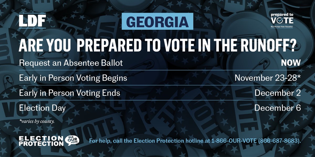NAACP_LDF's tweet image. GEORGIA! Your U.S. Senate Runoff election is December 6, but there are things you can do now to be #PreparedToVote.

Request an absentee ballot, make plans to vote in advance in person, or vote on Election Day.