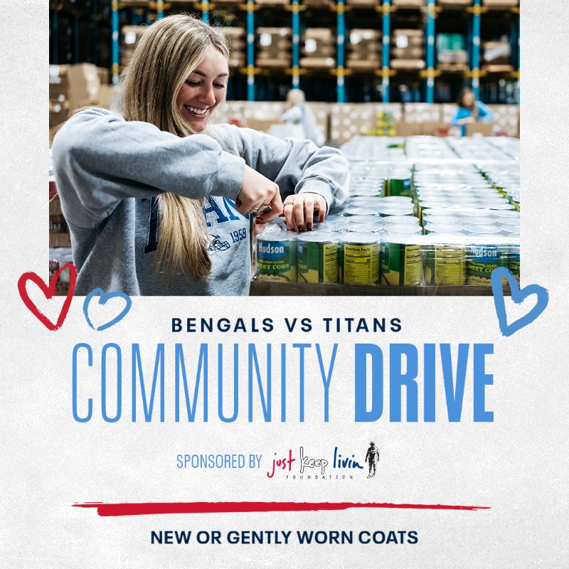 Titans's tweet photo. Fans attending Sunday's game are encouraged to donate new and gently used coats or jackets to benefit @jklivinFNDN as part of the Titans Community Drive!