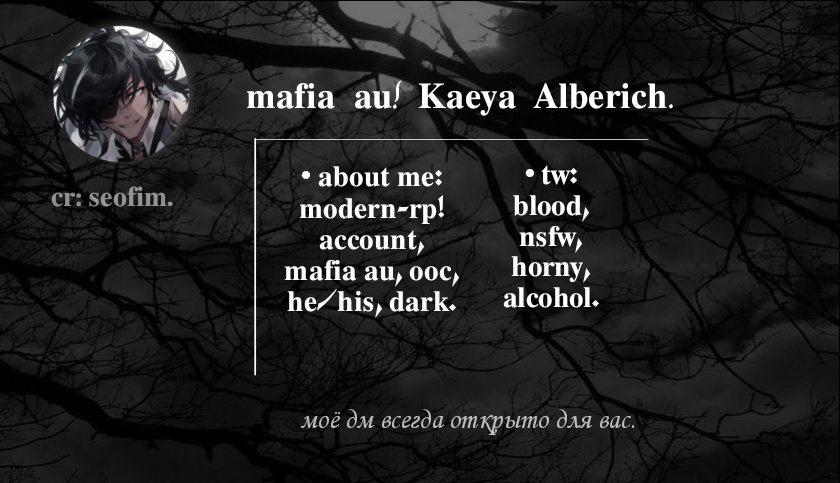 "будь готов принять власть, к которой так стремишься."
— зови меня Кэйа Альберих. я босс этой организации. если ты сумеешь завоевать моё доверие, то я гарантирую неприкосновенность, касательно моих людей. 
решаешь остаться? чтож.. в таком случае, добро пожаловать.