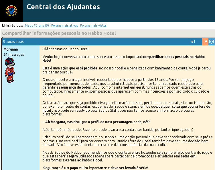 PixelsE's tweet photo. Morgana fez publicação hoje no fórum da Central do Ajudantes dizendo que está proibido divulgar o perfil social do seu personagem Habbo, confira o conteúdo na íntegra: https://t.co/ookR2lUzaZ