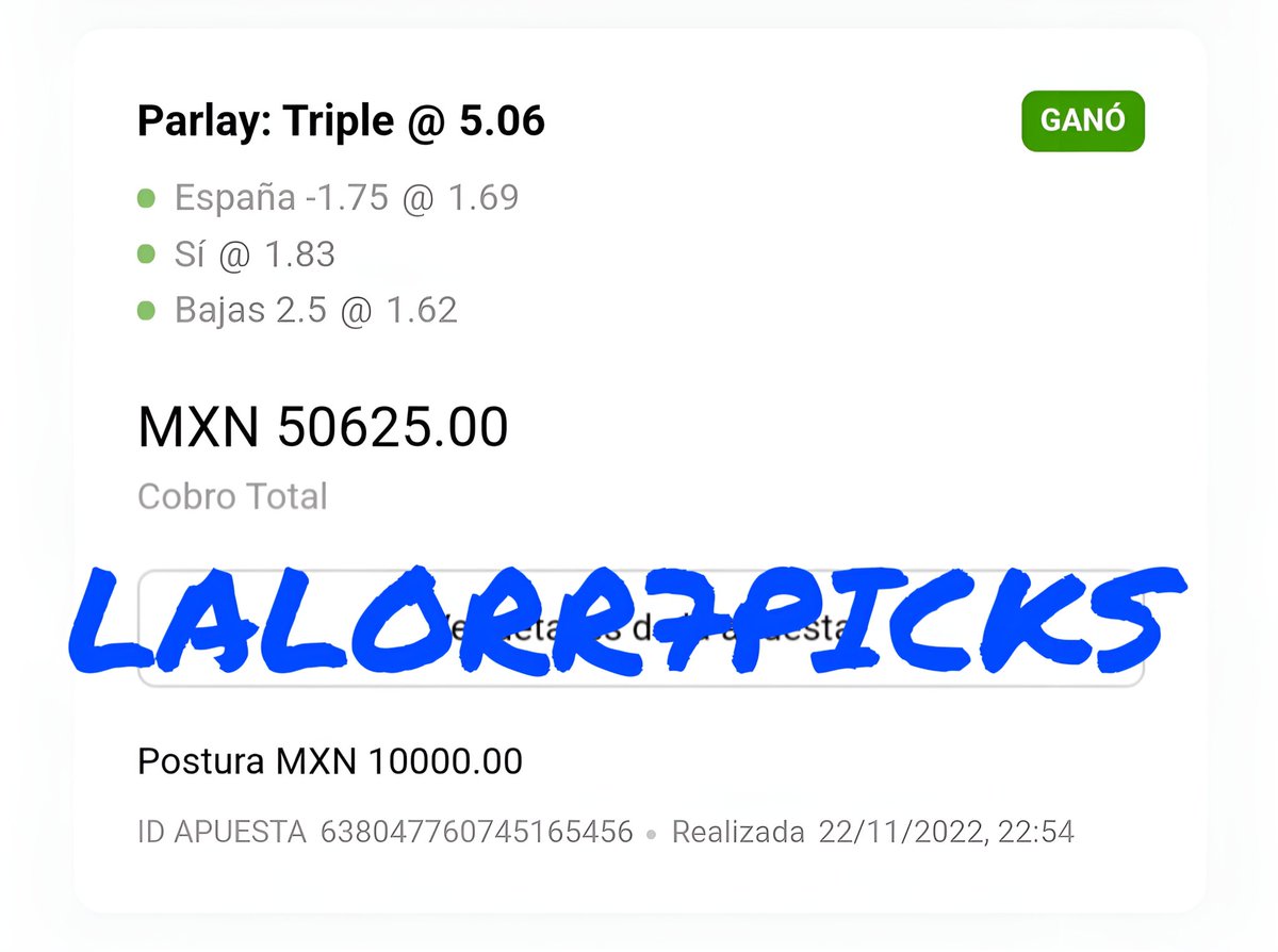 Lalorr7Picks's tweet photo. Parlay $50,000 mil✅💵🥱
 #FIFAWorldCup2022
#Qatar2022 #QatarWorldCup2022
#MundialQatar2022
En cuanto llegue a 400 ❤️ 
se van los $5,000Mx Acá👇🏼
https://t.co/h0ZZxXtdOR https://t.co/bLz1cGEGBh