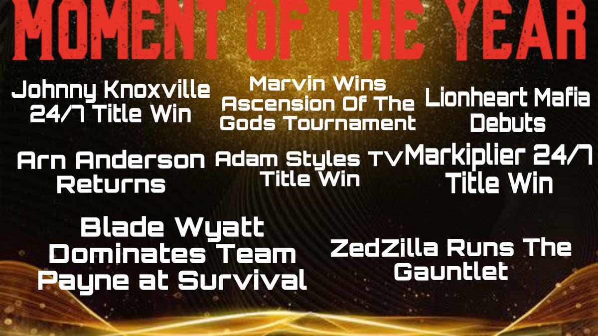 Your final set of nominees for MOMENT OF THE YEAR 

Johnny Knoxville
<a href="/marvin_KXW/">Marvin</a> 
Arn Anderson 
<a href="/DJ_Gamebreaker/">G-Profit</a> &amp; <a href="/KingdomGoat21/">Notorious_Emm KiNgdoM</a> 
<a href="/AdamStyles97/">Adam Styles</a> 
Markiplier
<a href="/BladeWyatt/">💀Billy Wayne Grant💀</a> 
ZedZilla