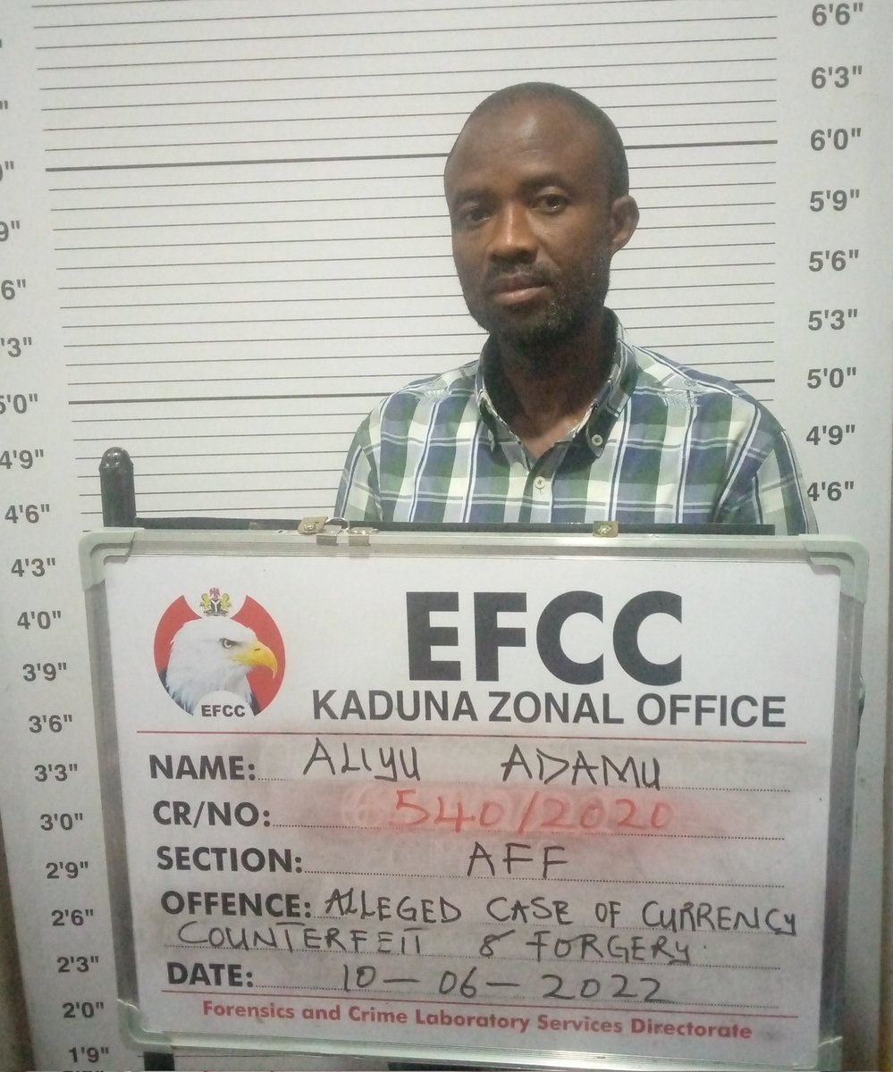 officialEFCC's tweet photo. Man Remanded for Currency Counterfeiting in Kaduna

The Kaduna Zonal Command of the Economic and Financial Crimes Commission, EFCC today arraigned one Aliyu Adamu before Justice R.M Aikawa of the Kaduna State High Court on a six count charge bordering on Currency Counterfeiting. https://t.co/BkxLZHFTCP