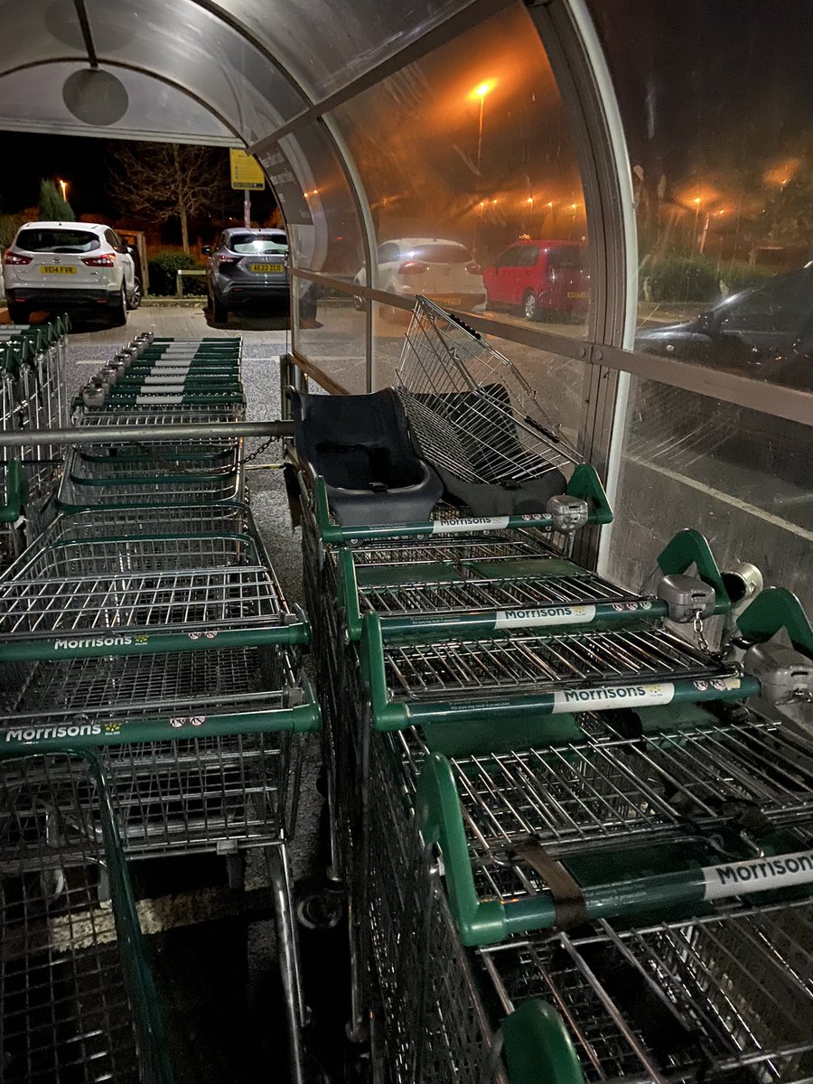MrsJCope's tweet photo. Hi @Morrisons - this was the only baby trolley in any of your bays, helpfully. A member of staff couldn’t be spared to help me look so I walked round the dark wet car park holding my baby searching for myself 🫠 https://t.co/apWP12UeeK