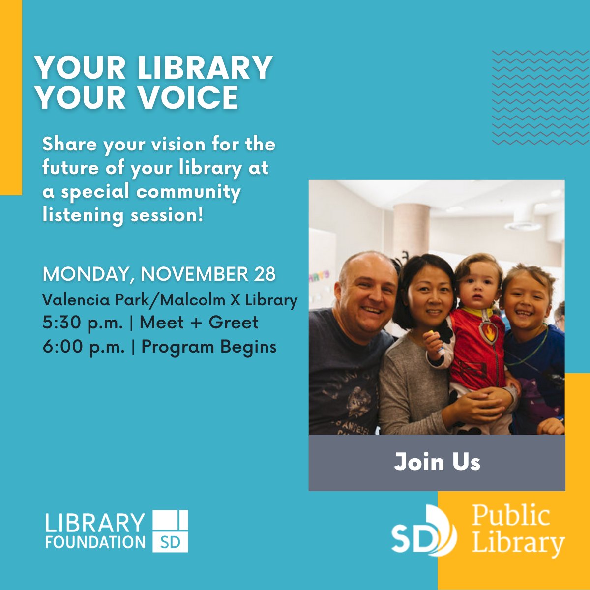 SDPublicLibrary's tweet photo. You’re invited to share your thoughts about the future of #MXlibrary at a special @libraryfoundsd listening session tomorrow at 5:30 p.m. What do you want YOUR library to look like? Visit https://t.co/Sa6MphOZGX and share what makes #YourLibraryYourVision. https://t.co/ycqYqJRlBy
