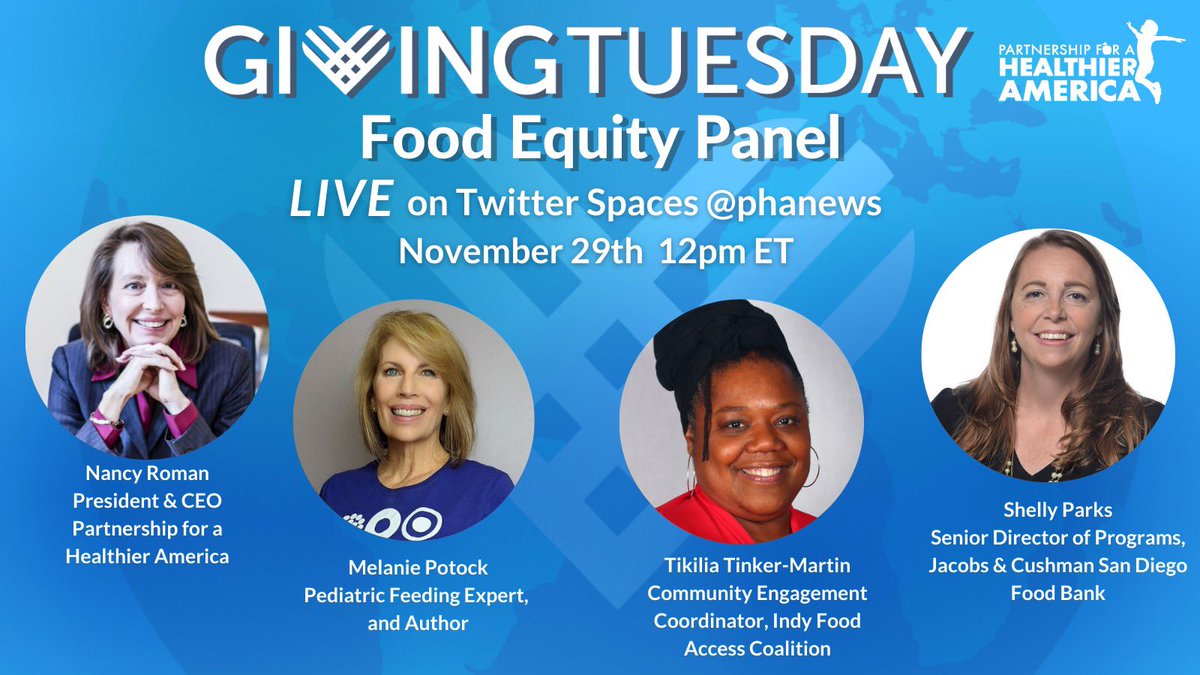 Partnership for a Healthier America (@phanews) on Twitter photo Join us on November 29th at 12pm ET for our first Twitter Spaces discussion on #GivingTuesday! We’ve brought together a variety of thought leaders to discuss the future of Food Equity and explore the ways PHA is making an impact. x.com/i/spaces/1lDxL… Join us on November 29th at 12pm ET for our first Twitter Spaces discussion on #GivingTuesday! We’ve brought together a variety of thought leaders to discuss the future of Food Equity and explore the ways PHA is making an impact. x.com/i/spaces/1lDxL…