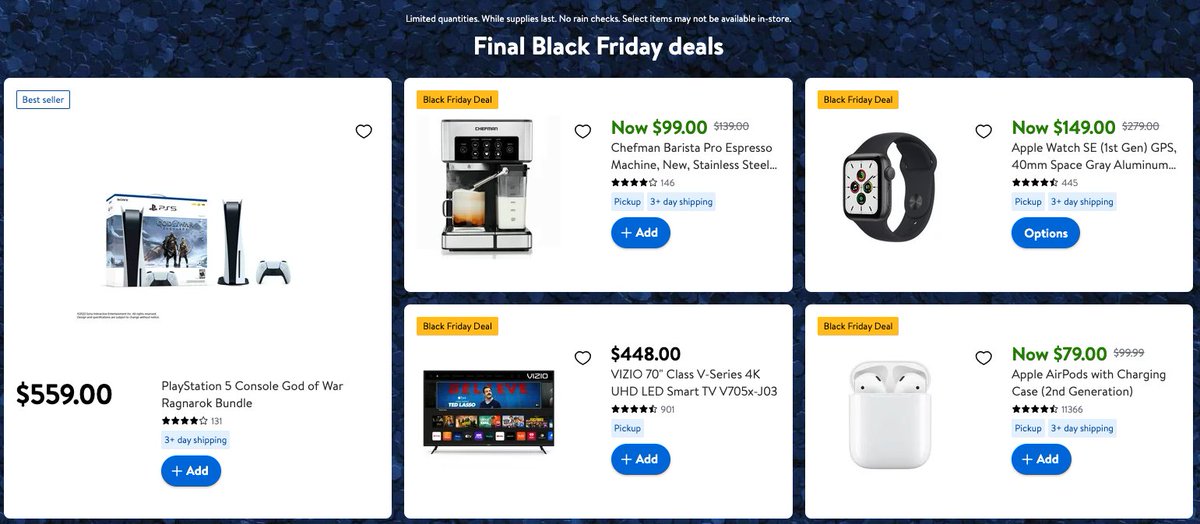 🔥🔥Fresh Black Friday deals live (1 PS5 restock)
All deals mttswdr.co/walmart-deals
TV deals mttswdr.co/walmart-tv-dea…
Games mttswdr.co/walmart-games
Tech deals mttswdr.co/walmart-tech

$559 PS5 GOW
$99 Barista Pro
$448 Vizio 70" 4KTV
$165 32" Acer Gaming Monitor
$349 Dyson V8 Vac