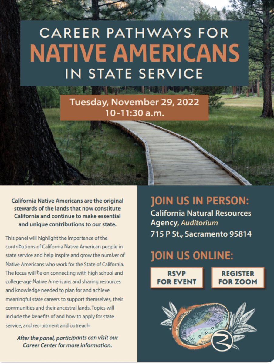 WadeCrowfoot's tweet image. Join us on Mon for Career Pathways: Native Americans in State Service! It will highlight contributions of CA Native American people in state service &amp;amp; show how other leaders can join us. Sign up to join in person: bit.ly/3TSZmmO or via Zoom - bit.ly/3glMxUr