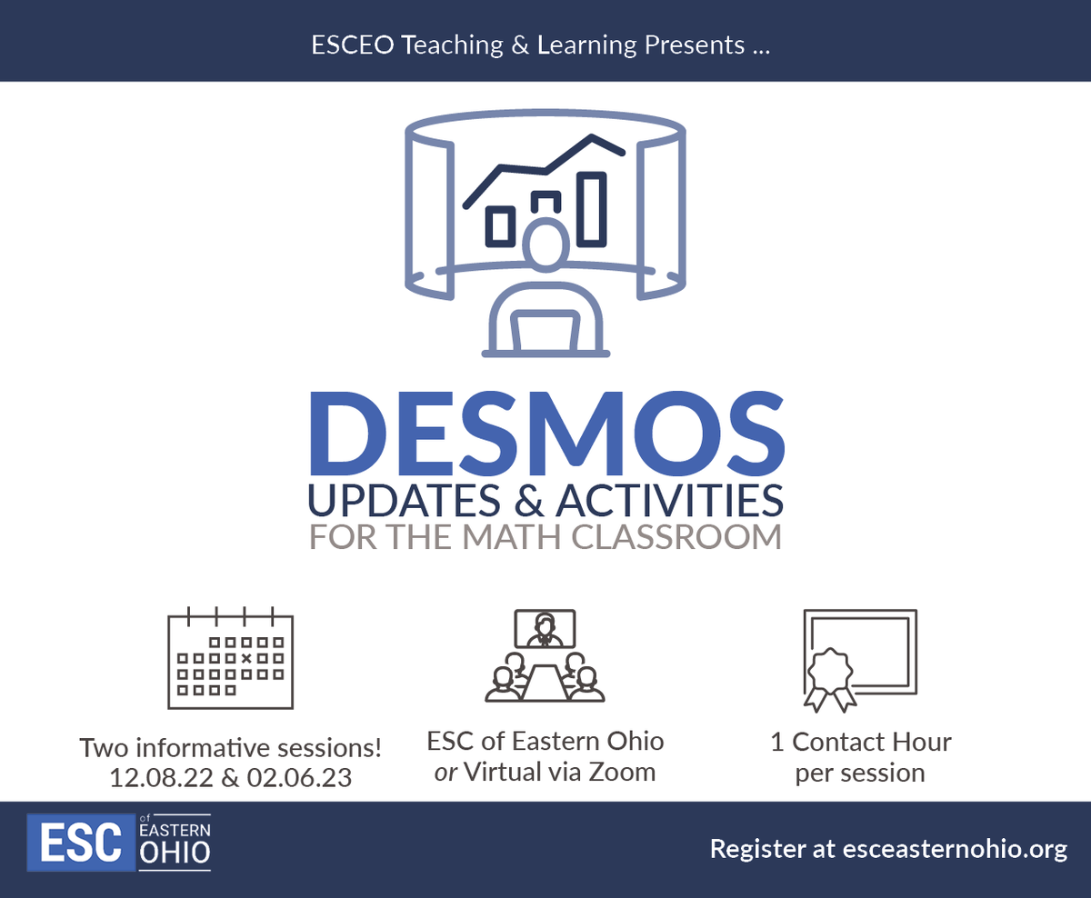 esceasternohio's tweet photo. Join our math team to explore what's new with the Desmos calculator and Desmos activities!

Find more info and register for any of the sessions here:
https://t.co/5BWDWJ8iVs https://t.co/HzrykTvycZ