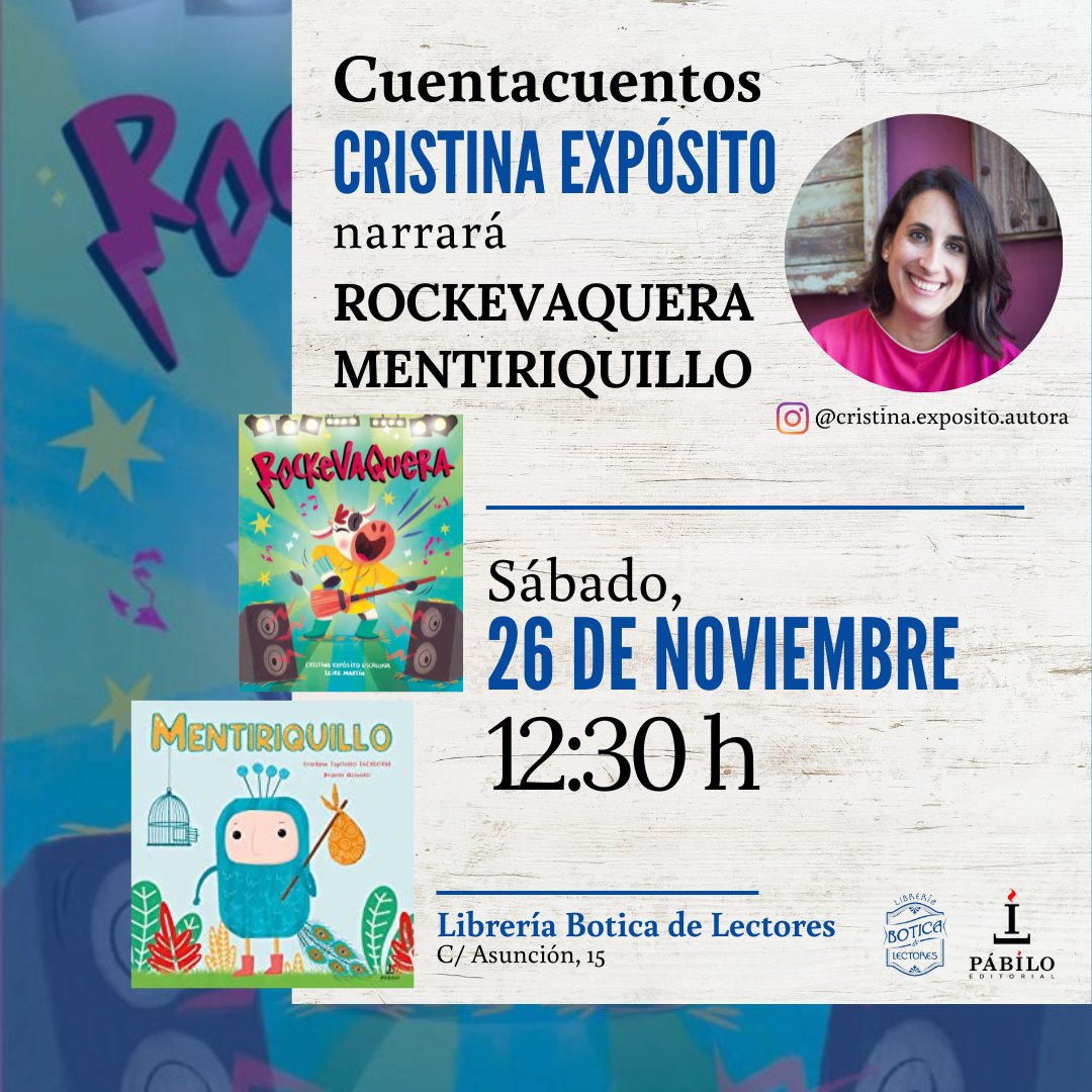 🔷 CUENTACUENTOS: ROCKEVAQUERA y MENTIRIQUILLO
📅 Sábado, 26 de noviembre | 12.30 h
📍 C/ Asunción, 15
🗣️ #CristinaExpósitoEscalona será la narradora