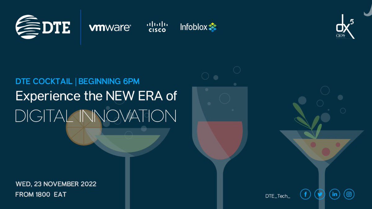 DTE_Tech_'s tweet photo. A great way to end Day 1 with the first welcoming cocktail @dx5ve Symposium and Awards.
Looking forward to an eventful Day 2 full of learning and interaction. @VincentMilewa @dx5ve @mutitumunene #DTETech
#africa #tech #infrastructure #dx100Awards https://t.co/9ln11u6l8V