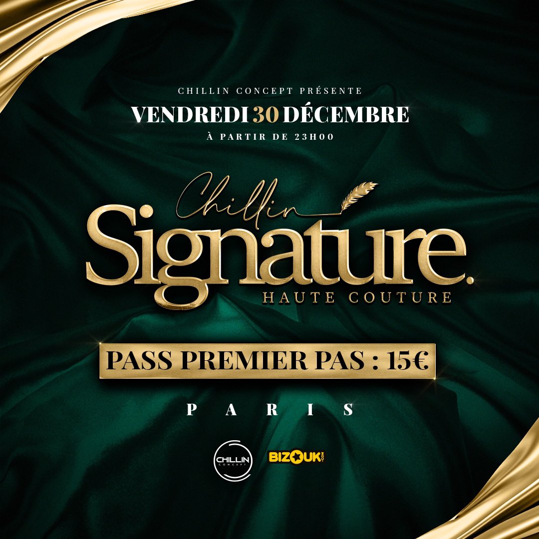 On est partiiiiii pour les pass premier pas de la Signature ✍🏾

Rendez-vous sur la billetterie pour bénéficier des entrées à 15€ 🎟️

Vendredi 30 Décembre à Paris, une nuit de folie 🤩

➡️my.bizouk.com/chillin-signat…