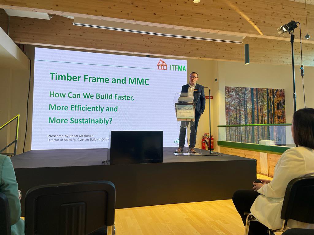 Cygnumtf's tweet photo. We were delighted to have Heber Mc Mahon speaking on behalf of the Irish Timber Frame Manufacturers Association at the #buildwithwood The Pathway to Net Zero Conference today. #ITFMA #buildwithwood #DAFM #mmc #builtenvironment @coilltenews #timberconstruction https://t.co/8thEQyTXFL