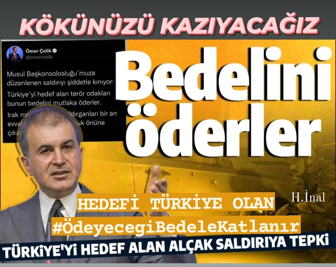 Milletimizin huzuruna
Kast eden içerideki ve
Dışarıdaki terör destekçilerinden,
Şehitlerimizin hesabı
Mutlaka sorulacak,
Terörün kökü kazınana,
Son terörist etkisiz hale
Getirilene kadar
Operasyonlar sürecektir.
HEDEFİ TÜRKİYE OLAN
#ÖdeyecegiBedeleKatlanır

KÖKÜNÜZÜ KAZIYACAĞIZ