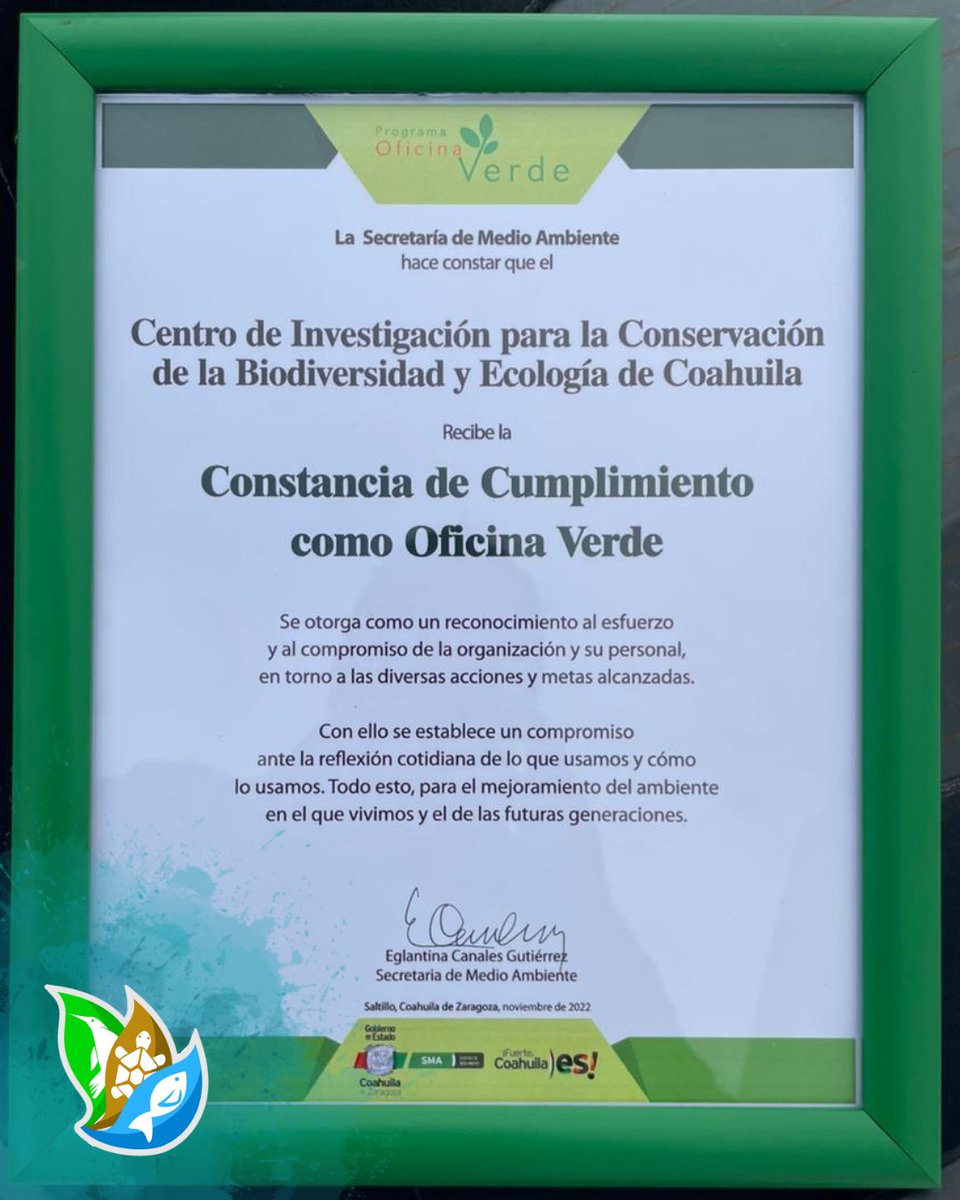 CICBEC1's tweet photo. ✅El día de hoy 23 de noviembre recibimos la constancia de cumplimiento cómo Oficina Verde otorgada por la Secretaría del Medio Ambiente.

🎉Enhorabuena para el CICBEC y felicitaciones para todo nuestro personal administrativo y manual.

#UAdeC #CICBEC #ActUAdeC #CuatroCienegas https://t.co/eBTEzJpGSO